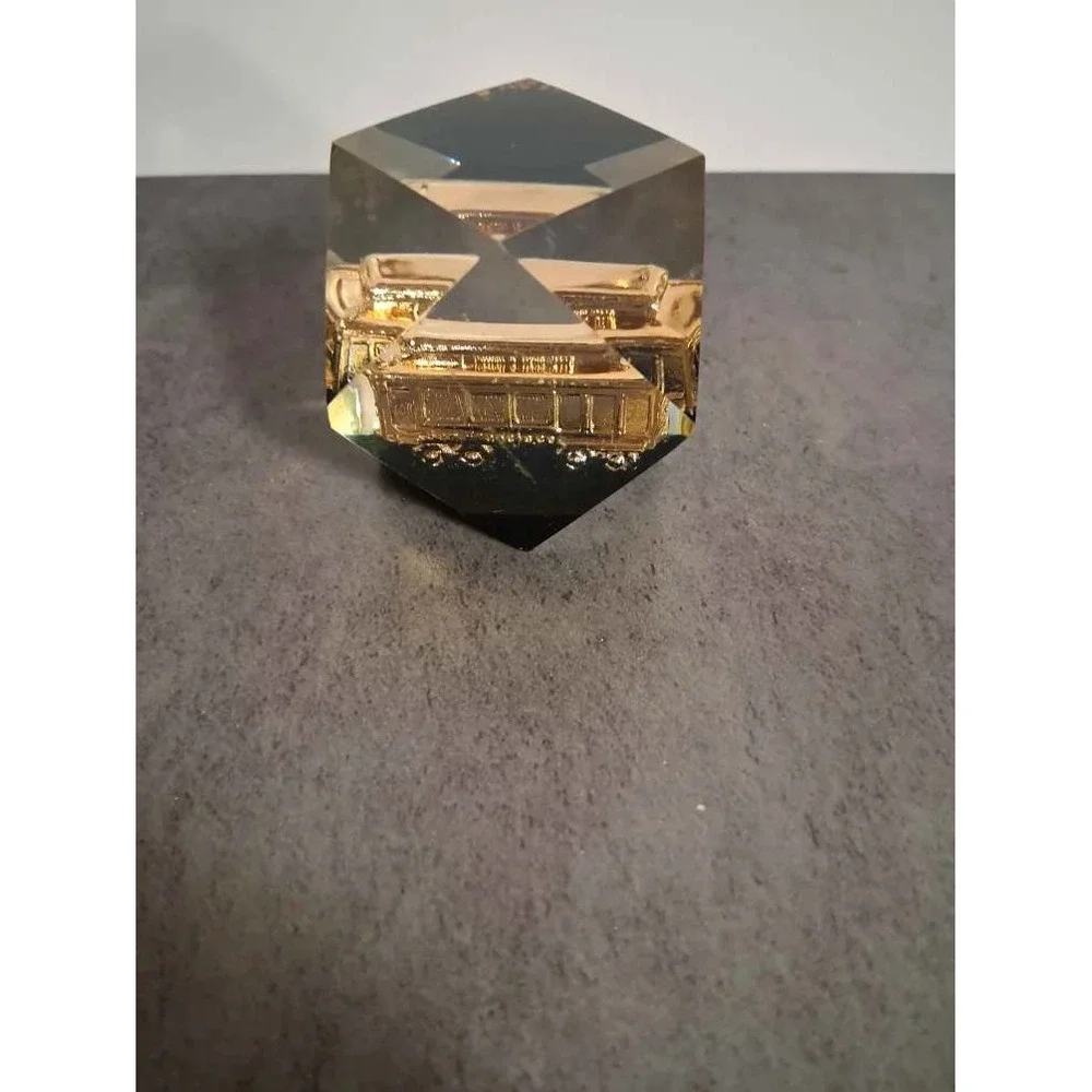 Vintage Gold Tone Train Locomotive Lucite Cube Paperweight Railroad Decor
